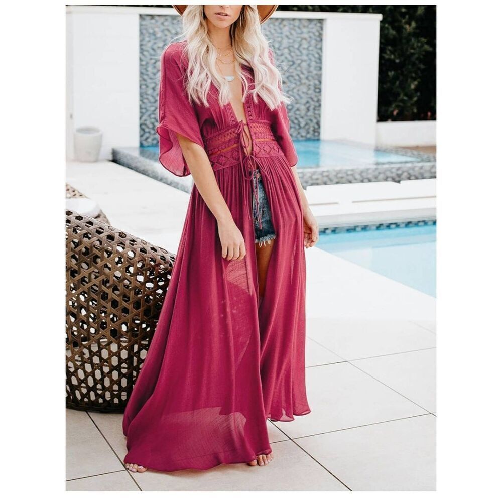Women's Magenta Tie-Front Maxi Cover-Up